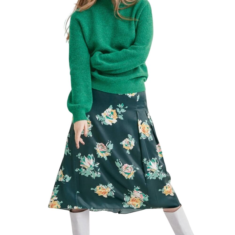 Halogen Skirt Women's Pleat Detail Front Midi Green Floral Print Size 6P NWT